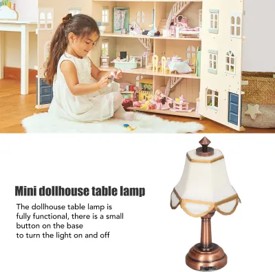 Obrázek produktu pro Miniaturní lampa v měřítku 1:12, bílá, celková výška 6 cm, napájení bateriemi, kov, LED, rekvizity pro panenky k dekoraci