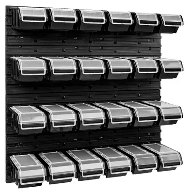 Produktbild von Stapelbox Wandregal 772 x 780 mm - Lagersystem mit 24 Boxen und Deckel - Lagerregal Sichtlagerkästen Schüttenregal, Schwarz