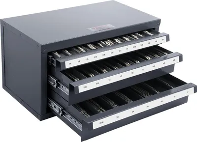 Immagine prodotto di Armadio dispenser per frese, armadio organizer a tre cassetti per frese da 1/8" a 1", armadio dispenser organizer in acciaio per frese con etichette, 29 scomparti impilabili per lo stoccaggio delle frese