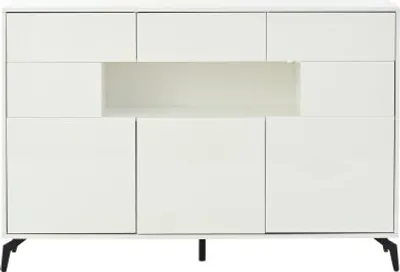 Produktbild von Weiss Wohnzimmerschrank Sideboard 140x30x94cm Mit 3 Schubladen 5 Schraenken Hochglanz Kommode LED 5 Metallbeine MDF Vitrinen Schrank