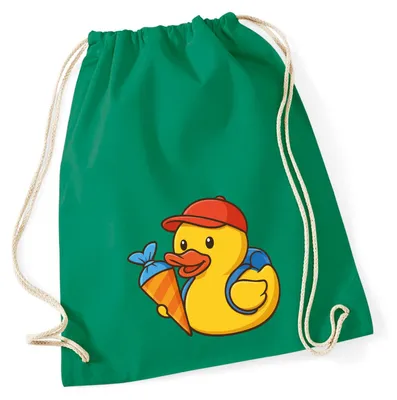 Produktbild von Huuraa Turnbeutel Quietscheente Einschulung Gummiente Schulanfang 12 Liter Kelly Green Baumwolle Rucksack Geschenkidee