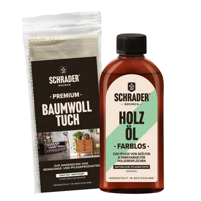Produktbild von SCHRADER Holz Öl + Baumwolltuch - Set zur Pflege und zum Erhalt von geölten oder unbehandeltem Holz - lebensmittelsicher - Germany