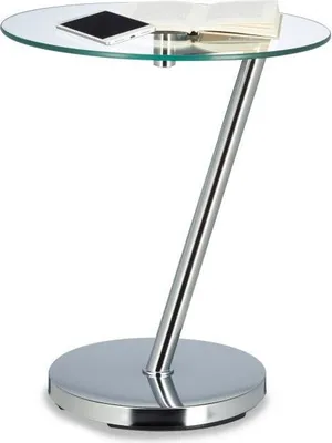 A modern side table with a glass top and a metal base.