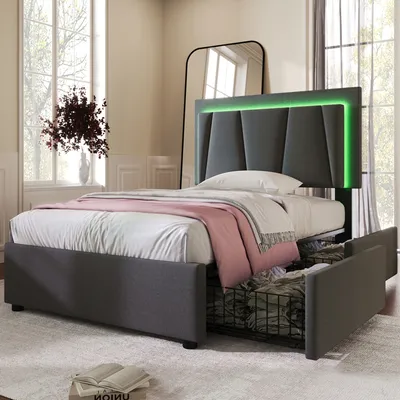 Produktbild von okwish Einzelpolsterbett 90x200 cm mit LED-Beleuchtung und 2 Schubladen, höhenverstellbares Kopfteil, Stauraum Bettgestell, Holzlattenrost, grau (mit Matratze)