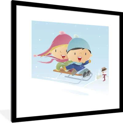 Produktbild von MuchoWow® Gerahmtes Poster Eine Illustration von zwei Kindern auf einem Schlitten im Schnee 40x40 cm - Poster mit Schwarzem Bilderrahmen Wandposter Rahmen Foto Bilder - Poster - Plakat im Rahmen