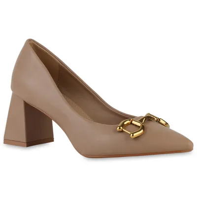 Produktbild von VAN HILL Damen Klassische Pumps Blockabsatz Spitze Ketten Schuhe 839877, Farbe: Khaki, Größe: 38