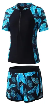 Productafbeelding van Elzusha- Meisjeszwempak met rashguard - Tweedelig - Korte mouwen - Ritssluiting - Zwemshort - Voor meisjes 7-13 jaar - Badpak