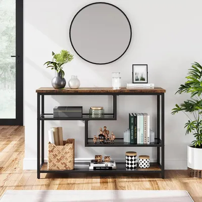 Immagine prodotto di Tavolino consolle - Piccolo tavolino da divano o ingresso - 4 ripiani aperti - Struttura in metallo con piano in legno - 100x30x75 cm - Nero