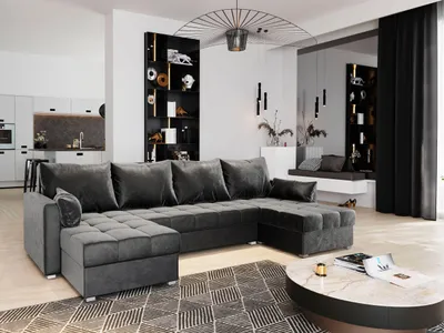 A modern living room with a large sectional sofa, shelves, and a coffee table.