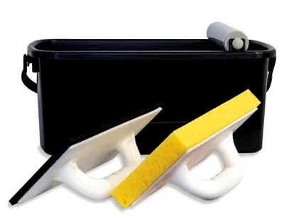 Produktbild von Waschset für Fliesenleger (3-teiliges Set - 10 Liter Fliesenwascheimer mit Rollenaufsatz, Fliesenwaschbrett, Fliesenfugbrett 280 x 140 mm)