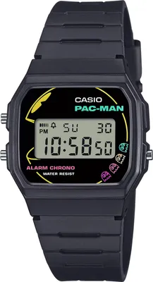 A black Casio Pac-Man digital watch is shown against a black background.