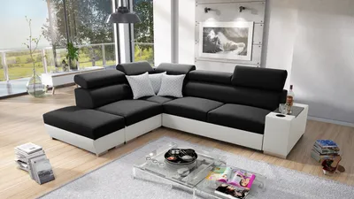 Produktbild von Ecksofa mit Schlaffunktion Eckcouch PERS VII Sofa Links Schwarz Stoff Sawana 14 + weißes Kunstleder