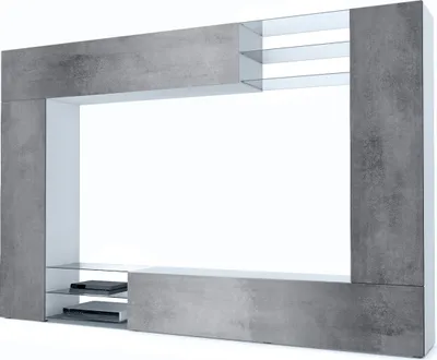 Produktbild von Vladon Wohnwand Mirage,  Germany, Anbauwand mit Rückwand mit 2 Türen, 2 Klappen und 6 offenen Glasablagen, Weiß matt/Beton Dunkel Optik (262 x 183 x 39 cm)