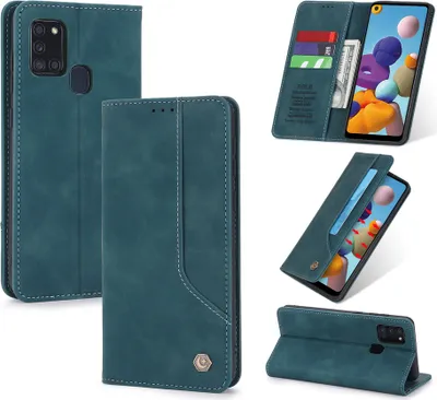 Produktbild von Galaxy A21s Hülle, LaimTop Retro Kunstledertasche Schutzhülle mit Kartenfach Standfunktion für Samsung Galaxy A21s Blau
