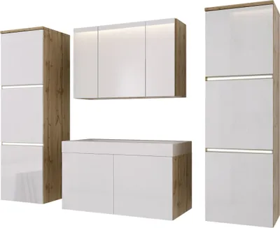 Immagine prodotto di Set di mobili da bagno in rovere Wotan/bianco lucido, set di mobili da bagno, set di mobili da bagno