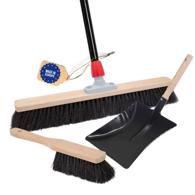 Produktbild von Novaliv Saalbesen Besen mit Stiel 50 cm Borsten Rosshaarbesen inkl. Kehrgarnitur schwarz bestehend aus Kehrblech und Handfeger besen fein Ideal als Werkstattbesen Hallenbesen mit Stiel Industriebesen