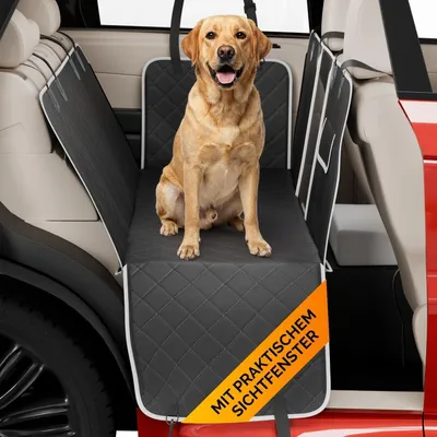 Produktbild von Autoschondecke für Hunde auf der Rückbank – Teilbare, wasserdichte und rutschfeste Decke mit Sichtfenster – Rücksitzschutz für SUV und PKW