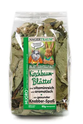 Produktbild von HUGRO® Nagertraum Kirschbaumblätter, 60 g, getrocknet, Einzelfutter für Kleintiere, Reptilien; Qualität für Heimtiere; Vielfalt im Napf