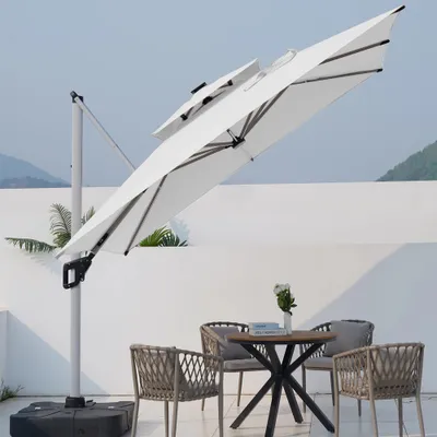 Produktbild von Balkonschirm, Garten-Sonnenschirm, Terrassenschirm, Gastro-Sonnenschirm, Outdoor Sonnenschirm, mit Solar-Lichtstreifen Weiß L300*H260cm /SWZYS65493-b/