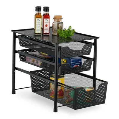 Produktbild von Relaxdays Schubladenregal, stapelbarer Büro Organizer, 3 Ausziehkörbe, Metall, Küche, Bad, HBT: 35x28x42,5 cm, schwarz