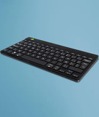 Zdjęcie produktu dla R-Go Tools Ergonomiczna R-Go Compact Break klawiatura, Bluetooth, z oprogramowaniem do robienia przerw, AZERTY (BE), czarna, Mini, Bezprzewodowy, Bluetooth, Przełącznik nożycowy, AZERTY, Czarny