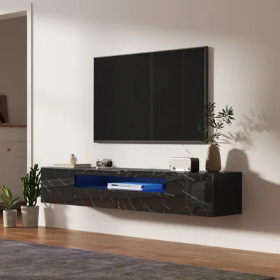 Produktbild von Radelldar Lowboard mit LED-Beleuchtung, TV-Schrank , Hochglanz, für Fernseher bis zu 85 Zoll, hängend, 180cm, Schwarz marmor