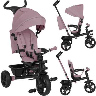 Zdjęcie produktu dla Trójkołowiec Haari 2w1 dla dzieci od 18 miesięcy, z obrotowym siedziskiem, rączką pchającą, mechanizmem biegu, daszkiem, podnóżkiem i barierką ochronną - różowy