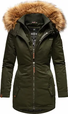 Produktbild von Marikoo Sanakoo Damen Winter Parka Mantel mit Kapuze Winterjacke Kunstfellkragen Wintermantel Olive Gr. 36 - S