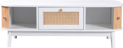 Produktbild von Couchtisch - Rattan-Kaffeetisch, Schubladen mit Rattan und Schiebetüren mit Massivholzlatten, Massivholzbeine, Natürlicher Landhausstil, Weiß,
