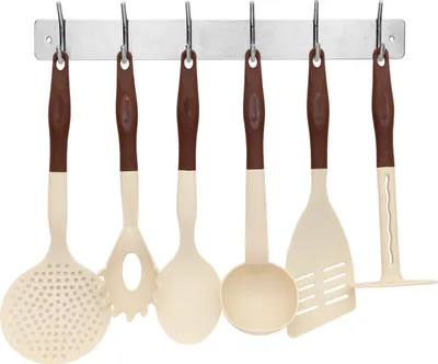 Produktbild von Set 7 teilig Kochutensilien Kunststoff und Hakenleiste Edelstahl Robuste Küchenutensilien Küchenleiste Küchenhelfer in Silber Braun Beige