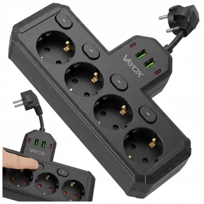 Produktbild von Vayox Steckdosenleiste 4-Fach Schuko 0,2m Schwarz | Einzeln Schaltbar Mehrfachsteckdose 2x USB-C 2x USB-A 2.1A | 2500W Mehrfachstecker Schuko