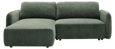 Produktbild von Ecksofa links mit Schlaffunktion aus Chenille-Stoff in Tannengrün PLUFATI
