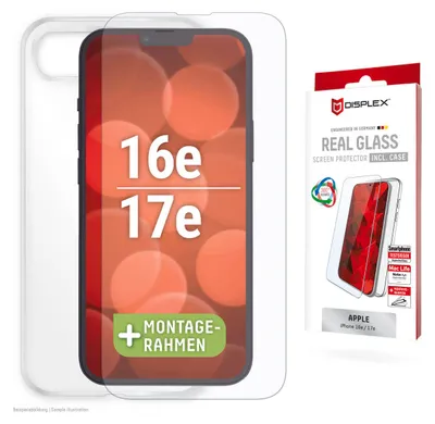 Produktbild von Displex Panzerglas + Schutzhülle für Apple iPhone 16e, Eco-Montagerahmen, kratzer-resistent, Apple, iPhone 16e, Trockene Anwendung, Schlagfest, Kratzresistent, Staubresistent, Transparent, 1 Stück(e)