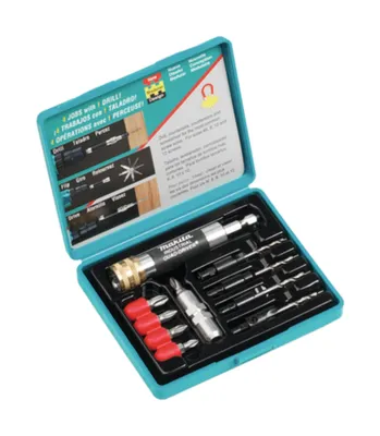 A teal-colored case containing a Makita Quad-Driver set with various drill bits and driver bits.