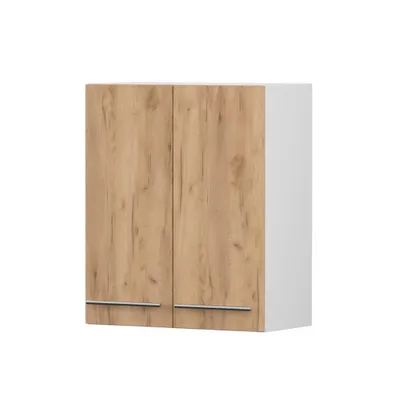 Image de Armoire murale INEZ II, cuisine, armoire de cuisine à deux portes 60 cm blanc/chêne Craft Gold avec deux portes battantes, poignées métalliques argentées