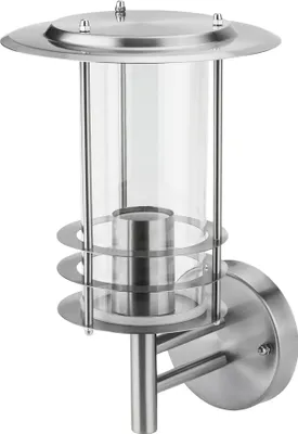 A close-up studio shot of a silver outdoor wall lamp with a clear glass cylinder.