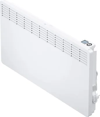 A white electric convector heater shown from a diagonal perspective against a white background.
