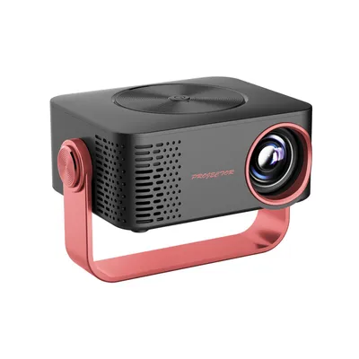 A black and red mini projector is shown against a white background.