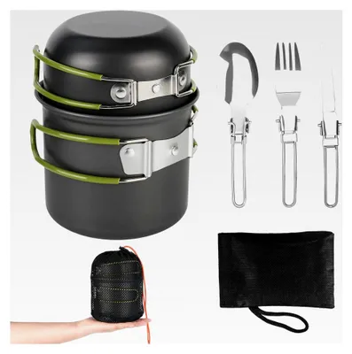 Produktbild von Camping Kochgeschirr Set aus Aluminium, Outdoor Kochgeschirr mit Faltbarem Besteck für 2 Personen, Picknick Topf, Mini Camping Kochset