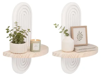 Productafbeelding van Relaxdays Wandplanken, set van 2, afmetingen (hoogte x breedte x diepte): 30 x 21,5 x 12 cm, hout, regenboogdesign, boho-stijl, zwevende plank met 1 legplank, naturel/wit