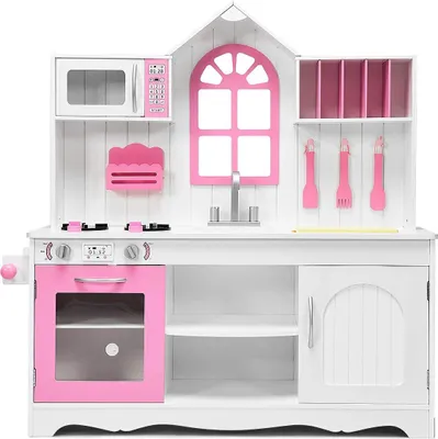 Produktbild von Kinderküche Holz mit Zubehör, Kinderspielküche Holzküche mit Spüle Herd Backofen Mikrowelle, Spielküche für Jungen und Mädchen ab 3 Jahren Weiß + Rosa