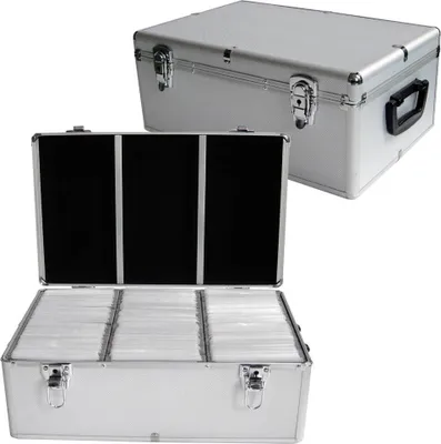 Two silver media storage cases are shown against a white background. One case is closed and in the background, while the other is open and in the foreground, revealing rows of CDs or DVDs inside.