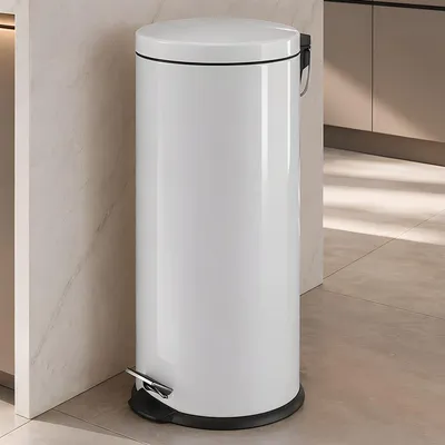 Produktbild von 30L Treteimer aus Metall, weiß, Ø 29x66 cm, Mülleimer mit Deckel & Fußpedal, Abfalleimer mit Inneneimer für Küche