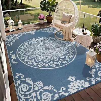 Image de Tapis d'extérieur, 180 x 270 cm, bleu et blanc, réversible, pour balcon
