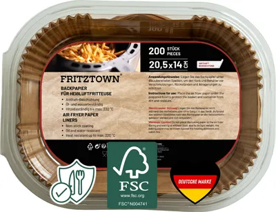 Produktbild von FRITZTOWN® Air Fryer Papier – 200 Stück, 20,5x14 cm Rechteckig | Antihaft Backpapier für Heißluftfritteusen | Kompatibel mit Ninja COSORI Philips Cecotec Midea Russell Hobbs XL XXL Airfryer