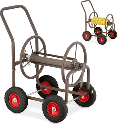 Produktbild von Relaxdays Schlauchwagen, bis 60 m, 4 Vollgummireifen, Klickkupplung, Schlauchtrommel Metall, Schlauchabroller, braun