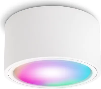 A white, cylindrical ceiling light fixture with a colorful light emanating from the bottom.
