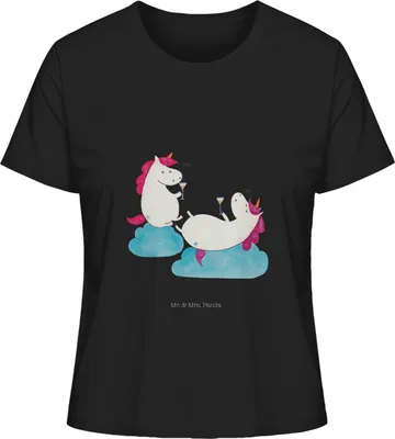 Produktbild von Mr. & Mrs. Panda Oberteil Damen Einhorn Sekt Größe M - Schwarz - Geschenk, T-Shirt, shirt, Spaß, Basic, Einhörner, Unicorn, Rundhals, BFF, Korken
