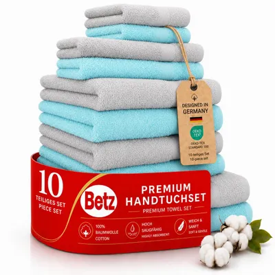 Produktbild von Betz 10-tlg. Handtuch-Set PREMIUM CLASSIC 2 Duschtücher 4 Handtücher 2 Gästetücher 2 Seiftücher Farbe: silbergrau & türkis