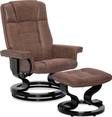 A brown recliner chair and ottoman set on a white background.